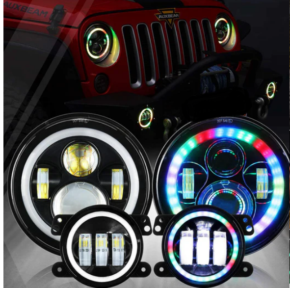 RGB 7 Inch Headlight + 4 Inch Fog Light Combo for Jeep Wrangler JK TJ LJ CJ 1997-2018, Bluetooth Multi-color