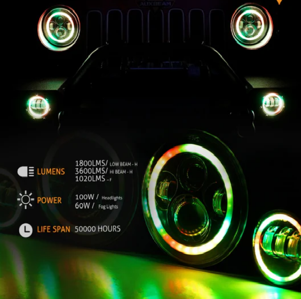 RGB 7 Inch Headlight + 4 Inch Fog Light Combo for Jeep Wrangler JK TJ LJ CJ 1997-2018, Bluetooth Multi-color