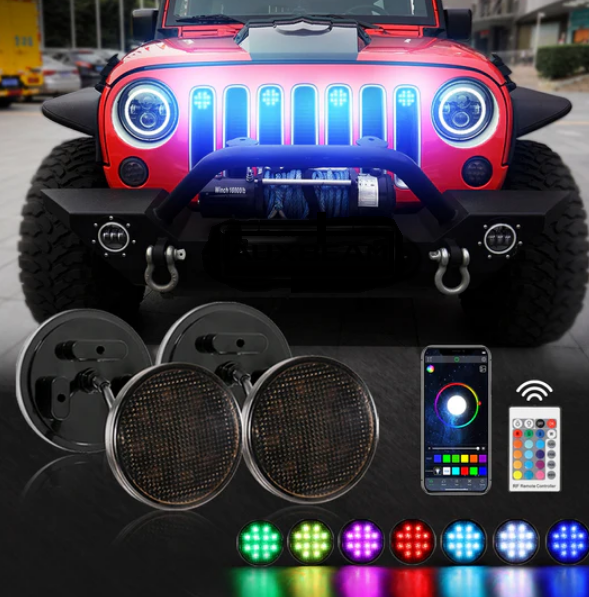 (4pcs/set) RGBW Neon LED Front Grille Lights with Wireless RF Remote Controller, Smartphone Bluetooth Controlled APP Compatible for 2007-2017 Wrangler JK