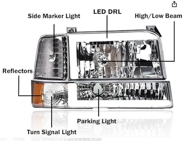 GRAND ORANGE LED DRL Headlights, Compatible with 1992-1996 Ford F150/ 92-97 F250 F350 Super Duty w/Corner Signal Chrome Housing Amber Reflector