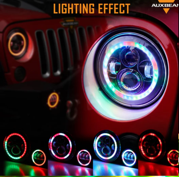 RGB 7 Inch Headlight + 4 Inch Fog Light Combo for Jeep Wrangler JK TJ LJ CJ 1997-2018, Bluetooth Multi-color