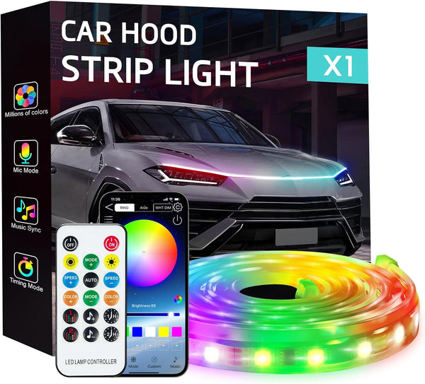 SCRWVESS Car LED Hood Light Strip with Bluetooth App and Remote Control,71 Inches RGB Multicolor Exterior Flexible Waterpro with Dynamic Daytime Running Light Strip for Cars, Suvs, Trucks