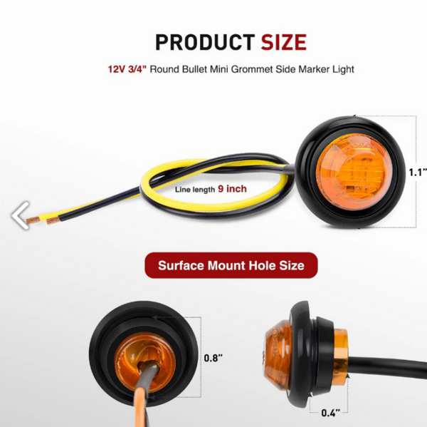 3/4” Amber Round LED Marker Lights  1pc