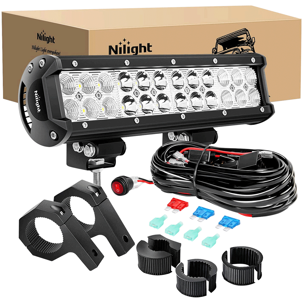 12" 72W Double Row Spot/Flood Led Light Bar | Horizontal Tube Clamp Mount | 12FT Wire 3Pin Switch