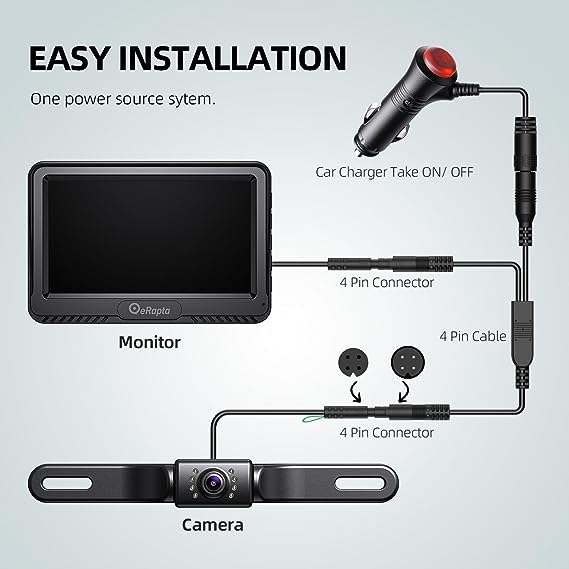eRapta Backup Camera, 4.3”HD 1080P Rear View Monitor kit with IP69 Waterproof, Night Vision, DIY Grid Lines for Car Truck Minivan A43