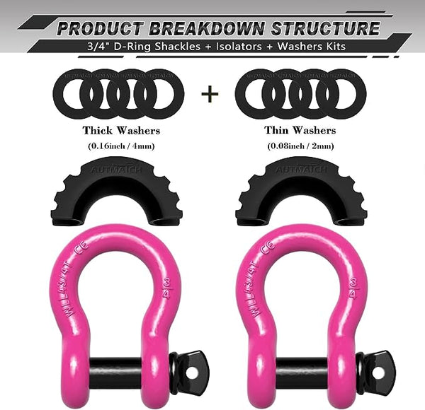 AUTMATCH D Ring Shackle 3/4" Shackles (2 Pack) 41,887Ibs Break Strength with 7/8" Screw Pin and Shackle Isolator Washers Kit for Tow Strap Winch Off Road Vehicle Recovery Pink & Black