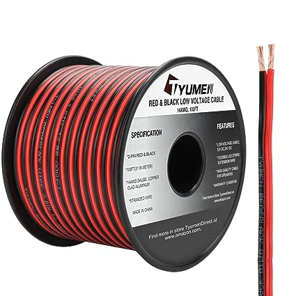 TYUMEN 100FT 14/2 Gauge Red Black Cable Hookup Electrical Wire LED Strips Extension Wire 12V/24V DC Cable, 14AWG Flexible Wire Extension Cord for LED Ribbon Lamp Tape Lighting