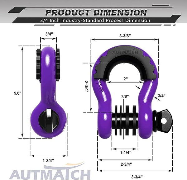 AUTMATCH D Ring Shackle purple  3/4" Shackles (2 Pack) 41,887Ibs Break Strength with 7/8" Screw Pin and Shackle Isolator Washers Kit for Tow Strap Winch Off Road Vehicle Recovery Purple & Black