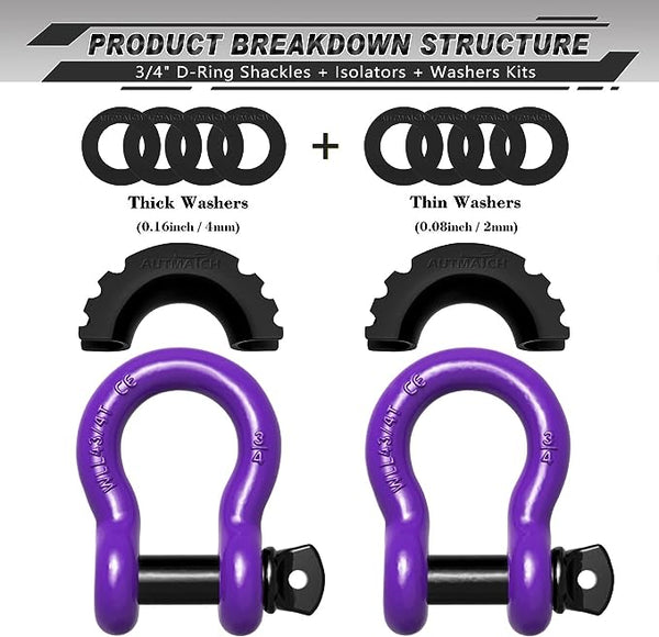 AUTMATCH D Ring Shackle purple  3/4" Shackles (2 Pack) 41,887Ibs Break Strength with 7/8" Screw Pin and Shackle Isolator Washers Kit for Tow Strap Winch Off Road Vehicle Recovery Purple & Black