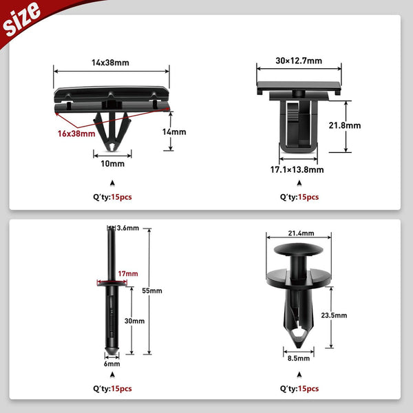 60 Pcs Fender Flare Rocker Moulding Clip Assortment 68039280-AA, 55156429-AA, 6503598, 6501559 Replacement for Jeep Wrangler Chrysler Ford GMC with 1 Fastener Remover