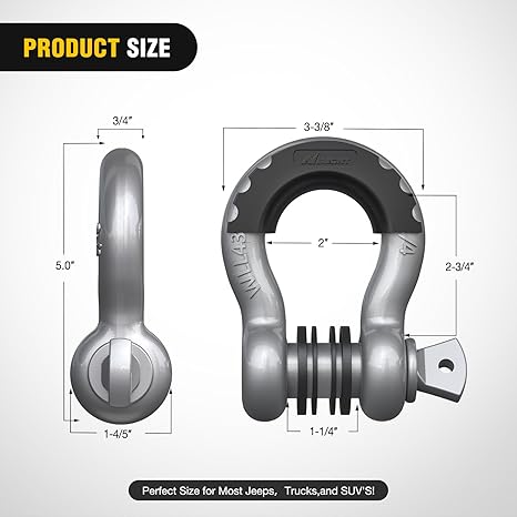 2 Pack 3/4" D-Ring Shackle with 7/8" Screw Pin 41,887lbs Break Strength, Heavy Duty Off Road Recovery Shackle with Isolators Washers for Use with Tow Strap, Winch, Off-Road Jeep Truck Vehicle