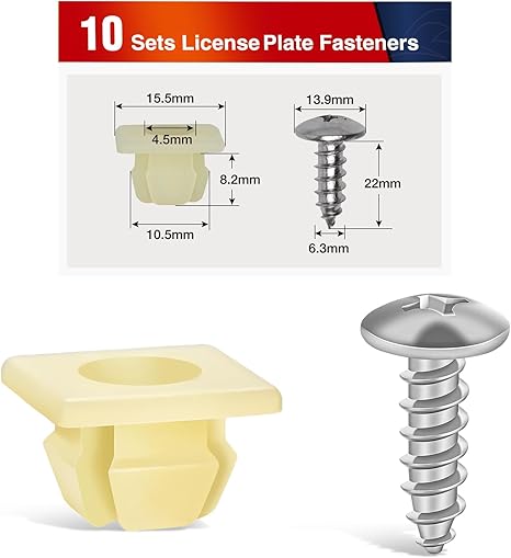 License Plate Screw Kit, Stainless Steel Screws with Nylon Nuts for Fastening Front and Back License Plates on Cars, SUVs, Trucks 3907444 15614745 4755299 (Set of 10)