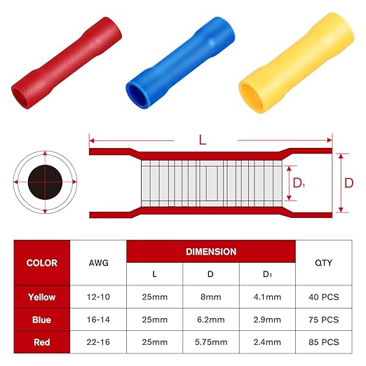 200PCS Electrical Butt Connectors AWG 22-10 Insulated Electrical Wire Crimp Connectors Butt Splice Crimp Connectors Blue Red Yellow for Automotive Marine Electrical Wiring