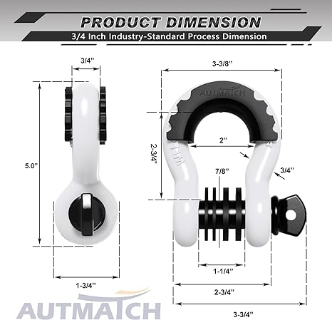 AUTMATCH D Ring Shackle 3/4" Shackles (2 Pack) 41,887Ibs Break Strength with 7/8" Screw Pin and Shackle Isolator Washers Kit for Tow Strap Winch Off Road Vehicle Recovery White & Black