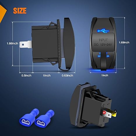 Dual USB Charger 4.2A Rocker Switch Style USB Charger 12V/24V Fast Charge Socket Waterproof Quick Charger for Cars Boats Trucks RVs, 2 Years Warranty, Blue