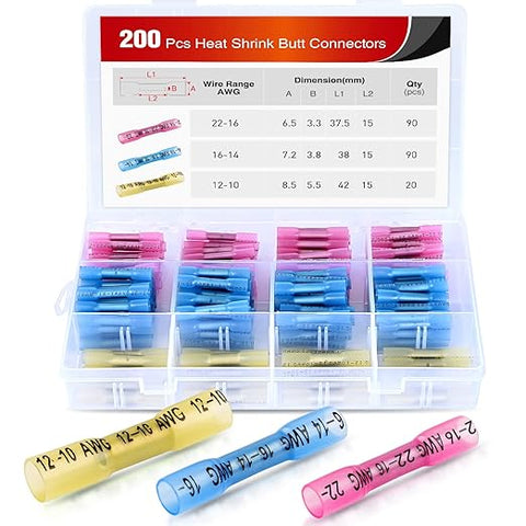 200PCS Heat Shrink Butt Connectors – Waterproof Wire Connectors - Automotive Marine Grade Electrical Terminals – Crimp Butt Splice Terminal Kit