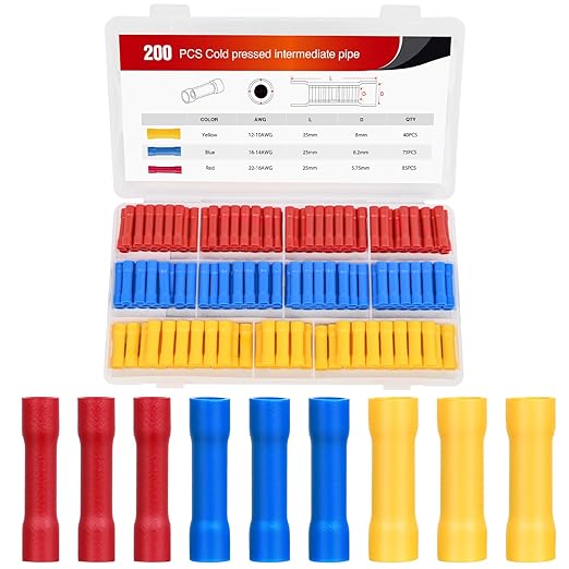 200PCS Electrical Butt Connectors AWG 22-10 Insulated Electrical Wire Crimp Connectors Butt Splice Crimp Connectors Blue Red Yellow for Automotive Marine Electrical Wiring