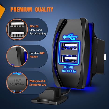 Dual USB Charger 4.2A Rocker Switch Style USB Charger 12V/24V Fast Charge Socket Waterproof Quick Charger for Cars Boats Trucks RVs, 2 Years Warranty, Blue