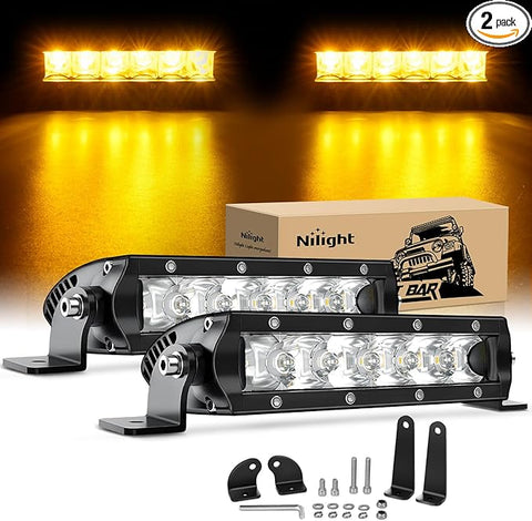 Led Light Bar Amber 2Pcs 7 Inch 30W Spot 3000LM Super Slim 3D Driving Fog Off Road Work Light Pods for Trucks Pickup SUV ATV UTV Boat 4x4 Van Camper- 2 Style Mounting