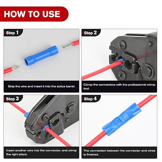 200PCS Electrical Butt Connectors AWG 22-10 Insulated Electrical Wire Crimp Connectors Butt Splice Crimp Connectors Blue Red Yellow for Automotive Marine Electrical Wiring