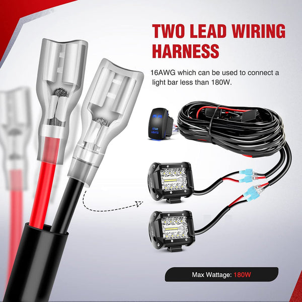16AWG Wire Harness Kit 2 Leads W/ 12V 5Pin Rear Lights Switch | 3 Fuses | 4 Spade Connectors