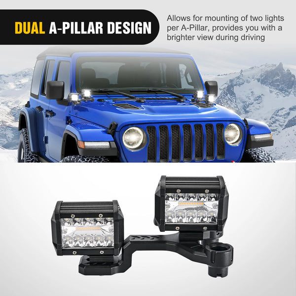 Front A-Pillar Dual Hood Mounts For 2018-2023 Jeep Wrangler JL/JLU 2020-2023 Gladiator JT