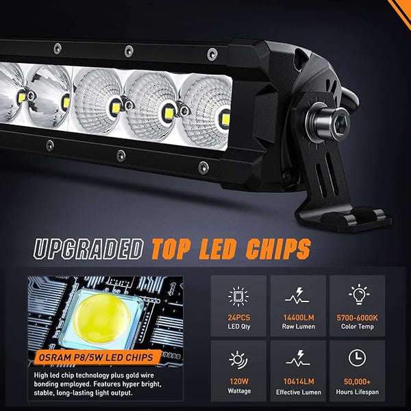 LED Light Bar 30 Inch 120W Flood Spot Combo Beam 14400LM Osram P8/5W Chips Offroad Single Row Slim Lights IP68 LED Driving Light for Pickup Truck SUV ATV UTV Boat Jeep