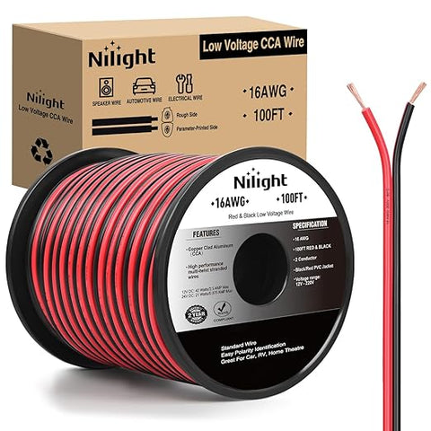 100FT 16AWG Copper Clad Aluminum Wire 16/2 Gauge Red Black CCA Electrical Cable 2 Conductor Parallel 12V/24V DC Flexible Extension Cords for Car Audio Radio Speaker Amplifier