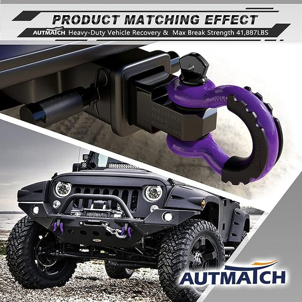 AUTMATCH D Ring Shackle purple  3/4" Shackles (2 Pack) 41,887Ibs Break Strength with 7/8" Screw Pin and Shackle Isolator Washers Kit for Tow Strap Winch Off Road Vehicle Recovery Purple & Black