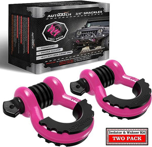 AUTMATCH D Ring Shackle 3/4" Shackles (2 Pack) 41,887Ibs Break Strength with 7/8" Screw Pin and Shackle Isolator Washers Kit for Tow Strap Winch Off Road Vehicle Recovery Pink & Black