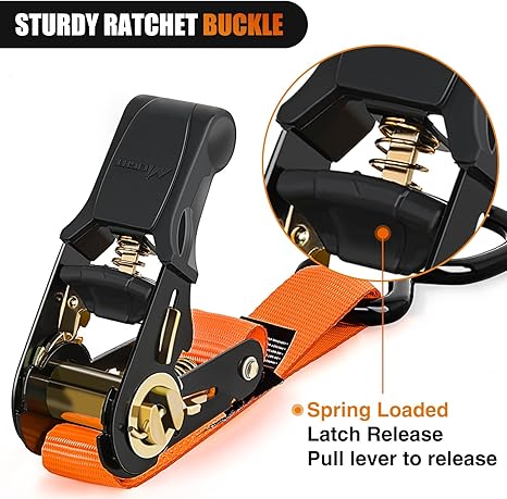 Ratchet Tie Down Straps 4500Lbs Max Break Strength 1”×15’ Heavy Duty Motorcycle Straps with S Hooks Rubber Handle and 1” ×12’ Soft Loop for UTV Motorcycle Moving Securing Cargo (Orange 4 Pack)