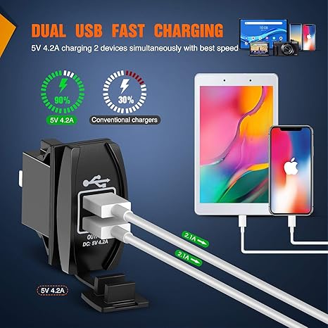 Dual USB Charger 4.2A Rocker Switch Style USB Charger 12V/24V Fast Charge Socket Waterproof Quick Charger for Cars Boats Trucks RVs, 2 Years Warranty, Blue