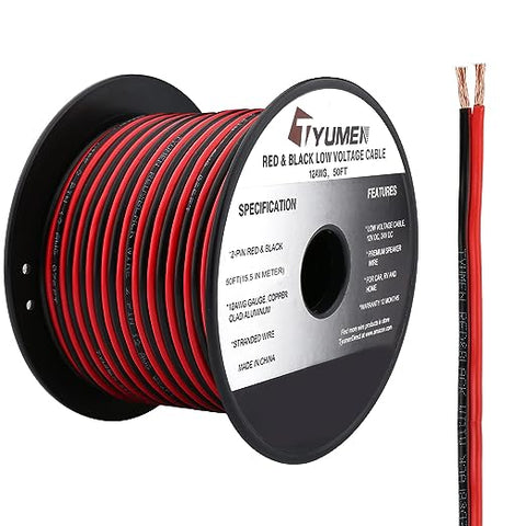 TYUMEN 50FT 12/2 Gauge 2pin 2 Color Red Black Cable Hookup Electrical Wire LED Strips Extension Wire 12V/24V DC Cable, 12AWG Flexible Wire Extension Cord for LED Ribbon Lamp Tape Lighting