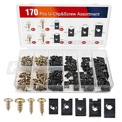 170Pcs Car U-Clip and Screw Assortment Kit 9 Different Sizes Automotive U Nut and Screw Clip Replacement Parts for Dash Door Panel Interior