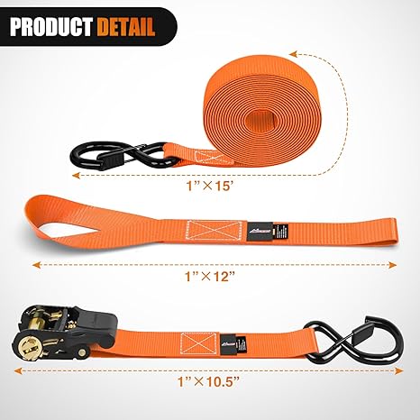 Ratchet Tie Down Straps 4500Lbs Max Break Strength 1”×15’ Heavy Duty Motorcycle Straps with S Hooks Rubber Handle and 1” ×12’ Soft Loop for UTV Motorcycle Moving Securing Cargo (Orange 4 Pack)