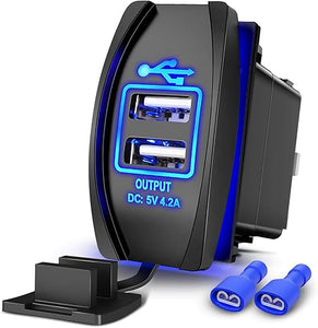 Dual USB Charger 4.2A Rocker Switch Style USB Charger 12V/24V Fast Charge Socket Waterproof Quick Charger for Cars Boats Trucks RVs, 2 Years Warranty, Blue