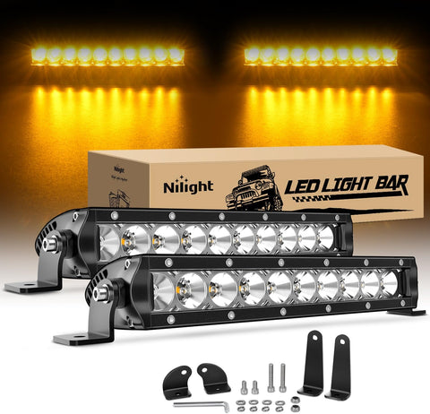 Led Light Bar Amber 2Pcs 11 Inch 50W Flood 5000LM Super Slim 3D Driving Fog Off Road Work Light Pods for Trucks Pickup SUV ATV UTV Boat 4x4 Van Camper- 2 Style Mounting