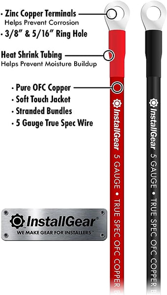 InstallGear AWG 5 Gauge 10ft Battery Power Inverter Cables - 2ct Red/Black Battery Cable for Solar, Auto, RV & Marine, Lawn Mower - 99.9% Oxygen-Free Copper (Set) | Battery Wire/Battery Cables