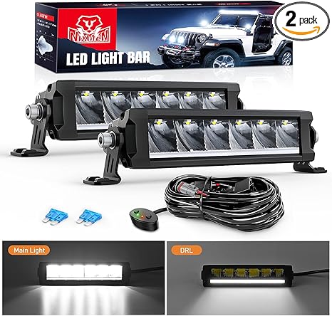 9Inch Single Row LED Light Bar 2PCS 30W 3365LM Anti-Glare Spot DRL Offroad Slim Driving Light Bar IP68 w/ 16AWG DT Wiring Kit for Pickup Truck SUV ATV UTV Boat 4x4 Jeep