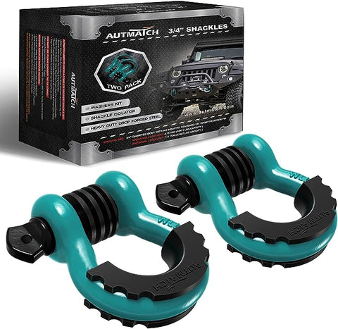 AUTMATCH D Ring Shackle 3/4" Shackles (2 Pack) 41,887Ibs Break Strength with 7/8" Screw Pin and Shackle Isolator Washers Kit for Tow Strap Winch Off Road Vehicle Recovery Teal & Black