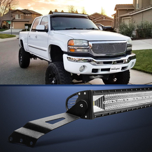 50” Curved Light Bar Bracket at Upper Windshield Roof Cab for 1999-2006 Chevy Silverado Suburban Avalanche Tahoe & GMC Yukon Sierra (Pair)