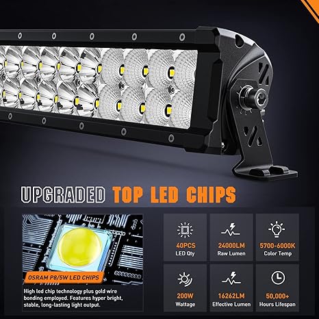 LED Light Bar 21.6 Inch 200W Flood Spot Combo Beam 24000LM Osram P8/5W Chips Offroad Lighting IP68 LED Driving Light for Pickup Truck SUV ATV UTV Boat Jeep