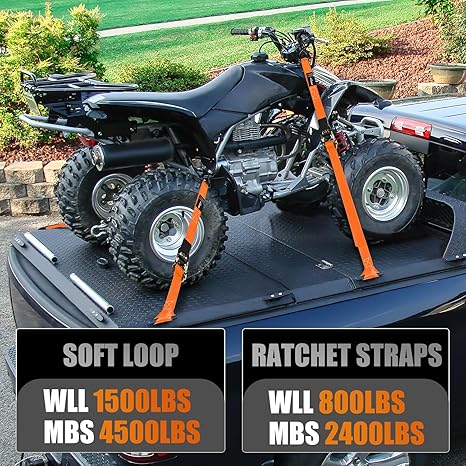 Ratchet Tie Down Straps 4500Lbs Max Break Strength 1”×15’ Heavy Duty Motorcycle Straps with S Hooks Rubber Handle and 1” ×12’ Soft Loop for UTV Motorcycle Moving Securing Cargo (Orange 4 Pack)