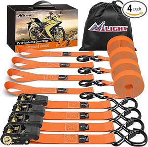 Ratchet Tie Down Straps 4500Lbs Max Break Strength 1”×15’ Heavy Duty Motorcycle Straps with S Hooks Rubber Handle and 1” ×12’ Soft Loop for UTV Motorcycle Moving Securing Cargo (Orange 4 Pack)