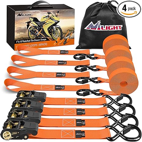 Ratchet Tie Down Straps 4500Lbs Max Break Strength 1”×15’ Heavy Duty Motorcycle Straps with S Hooks Rubber Handle and 1” ×12’ Soft Loop for UTV Motorcycle Moving Securing Cargo (Orange 4 Pack)