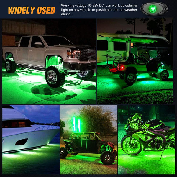 LED Rock Light 4PCS Green Light Pods Waterproof Under Body Wheel Well Light Exterior Interior Lights for Car Truck Pickups ATV UTV SUV Motorcycle Boat