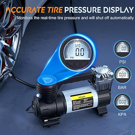 Portable Air Compressor Tire Inflator 12V Heavy Duty 120PSI Metal Tire Pump Double Cylinder Digital Tire Pressure Fast Inflate Auto Shutoff Tire Pump for Car SUV Motorcycle