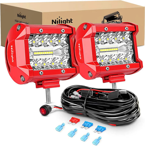 4" 60W Triple Row Red Case Spot/Flood LED Light Bars (Pair) | 16AWG Wire 3Pin Switch