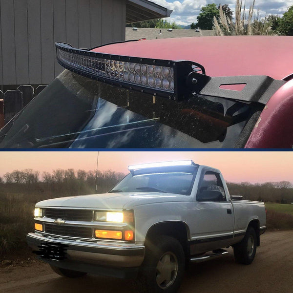 50” Curved Light Bar Bracket at Upper Windshield Roof Cab for 1999-2006 Chevy Silverado Suburban Avalanche Tahoe & GMC Yukon Sierra (Pair)