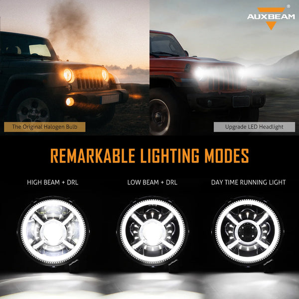 9'' ROUND RGB LED HEADLIGHTS BLUETOOTH CONTROL WITH DRL & 4'' 30W LED FOG LIGHTS WITH ADAPTER RING FOR JEEP WRANGLER JL 2018-2019
